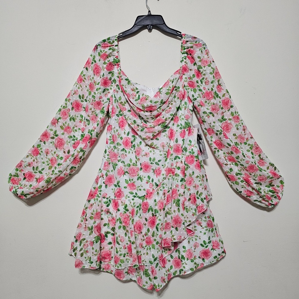 Honey and Rosie Romper White Pink Green Floral Long Sleeves Cowl Neck 823